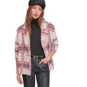 Maeve Anthropologie Pink and White Plaid Wool Sweater Jacket Shacket Size Small